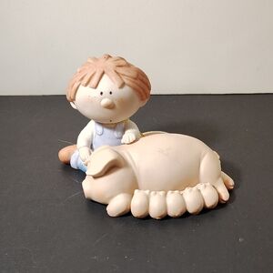 Charming Boy and Piglet Figurine - Cream and Tan